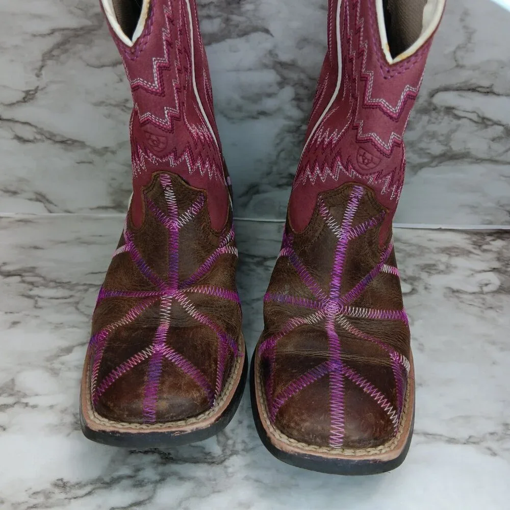 ARIAT Girls Twisted Tycoon Western Boot Size 11 Square Toe Pink Brown Leather